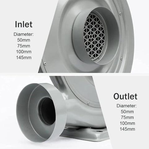 Inlet and outlet diameters of the Heavy Duty Wood Chip Dust Extractor And Quiet Utility Blower For Active Workshops.