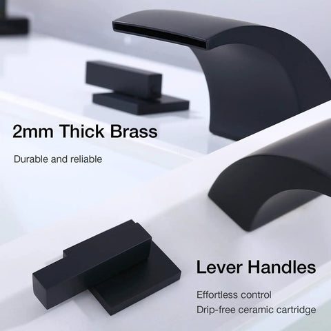 Low Arc 8 Inch Widespread Matte Black Bathroom Faucet With 3 Hole Brass Wide Spout Waterfall Style, Double Handle Vanity Sink Tap, Includes Waste Drain, Solid Brass Construction, Sleek Dope Modern Square Design