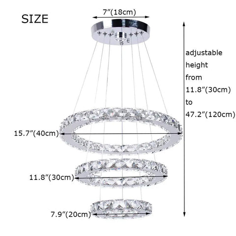 Modern LED Crystal Chandelier With 3 Ring Pendant Lights Adjustable Stainless Steel Ceiling Fixture For Living Room
