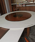 Big Time Tempered Glass Lazy Susan Solid Round Swivel Turntable Top Shelf with marble design on a dining table.