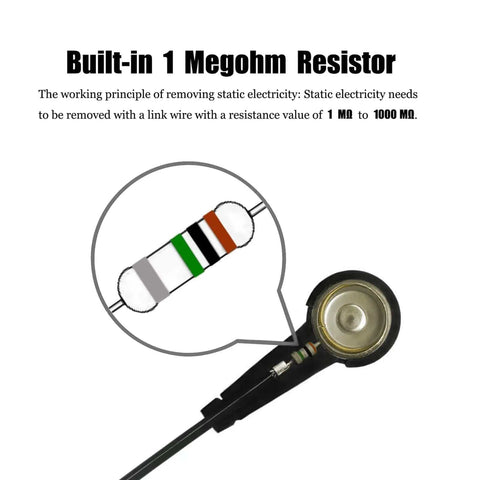 Diagram showing built-in 1 MΩ resistor for Anti Static Wrist Strap Eleven Inch Grounding Bracelet With Alligator Clip.