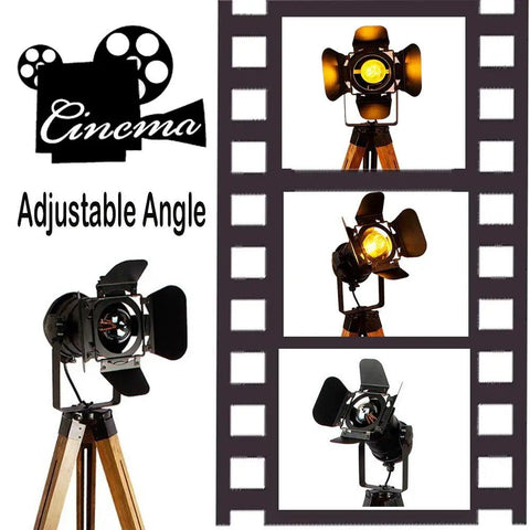 Vintage Farmhouse Tripod Table Lamp With Adjustable Cinema Spotlight Head, Wooden Leg Stand And Black Industrial Finish, Nautical Retro Vibe Dope Look For Living Room Or Bedroom