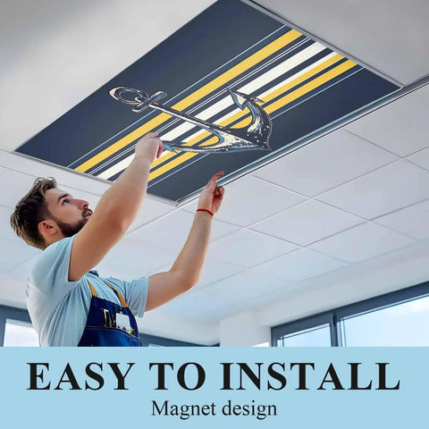 Straight Up Nautical Vibes: 3 Pack Magnetic Ceiling Light Covers For Drop Ceilings, Vintage Blue And Yellow Striped Anchor Fluorescent Lamp Shades That Hits Different For Classrooms And Offices