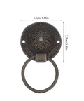12Pcs Antique Bronze Zinc Alloy Cabinet Drawer Pulls Retro Vibe Round Drop Ring Handles For European Style Furniture Jewelry Box Cupboard Doors Hardware Set, single pull with floral design and measurements shown.