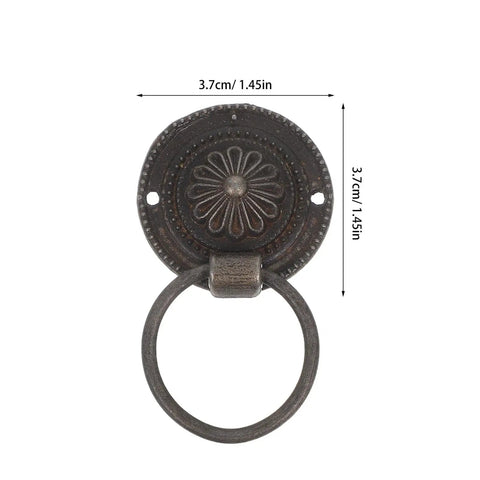 12Pcs Antique Bronze Zinc Alloy Cabinet Drawer Pulls Retro Vibe Round Drop Ring Handles For European Style Furniture Jewelry Box Cupboard Doors Hardware Set, single pull with floral design and measurements shown.