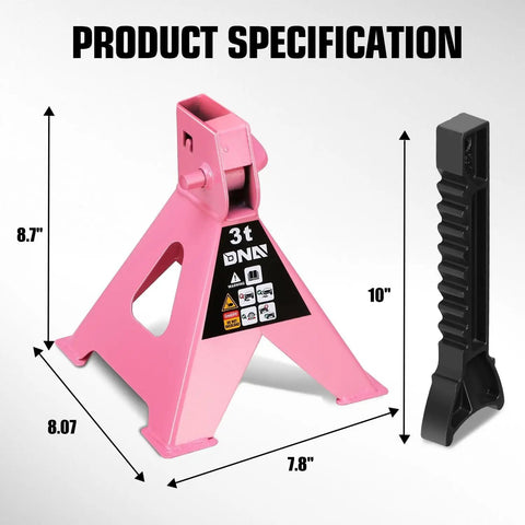 Pair Of 3 Ton Jack Stands For Cars And SUVs, Adjustable Height From 10.8 Inches, pink carbon steel stands and height bar