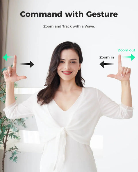 Woman demonstrating gesture control for zooming in and out with Battle Tested 1080P 100FPS Webcam For PC.