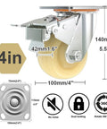 Heavy Duty Swivel Casters With Dual Locking Brakes And 4 Inch Nylon Wheels Set Of Four displayed with measurements and details.