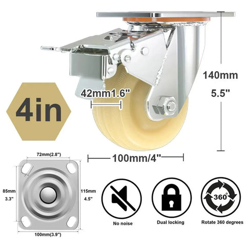 Heavy Duty Swivel Casters With Dual Locking Brakes And 4 Inch Nylon Wheels Set Of Four displayed with measurements and details.