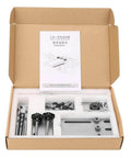 Open box view of Three In One Dowel Jig Kit with Self Centering Dowel Jig, Drill Locator and Adjustable Drill, includes clamp board.