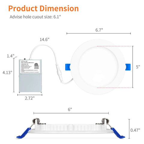 Ultra Thin 6 Inch LED Recessed Ceiling Lights Kit With Junction Box 12 Pack Three Color Temperature 3000K 4000K 5000K dimensions diagram