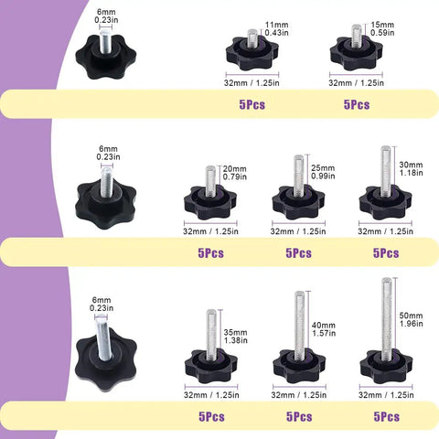 Premium M6 Hex Star Thumb Screw Assortment Kit, 8 lengths, black plastic knobs, used with cabinet handles for quick adjustments.