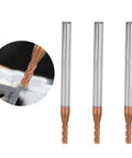 Three Pack Metal End Mills For CNC Milling With Four Flutes Tungsten Steel Router Bits For High Speed Cutting shown in close-up view