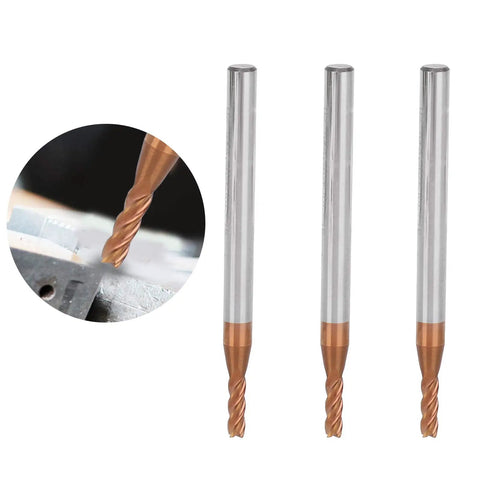 Three Pack Metal End Mills For CNC Milling With Four Flutes Tungsten Steel Router Bits For High Speed Cutting shown in close-up view
