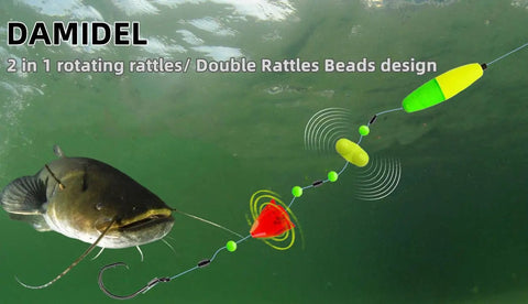 Catfish swimming with Six Piece Catfish Fishing Rigs Ready Kit With 2 In 1 Rotating Rattles And Double Rattles Beads