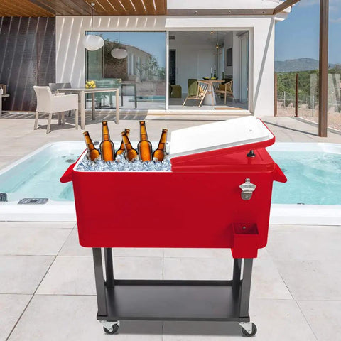 80 Qt Rolling Cooler Ice Chest Cart with Bottle Opener by a poolside, red, filled with bottles, patio setting