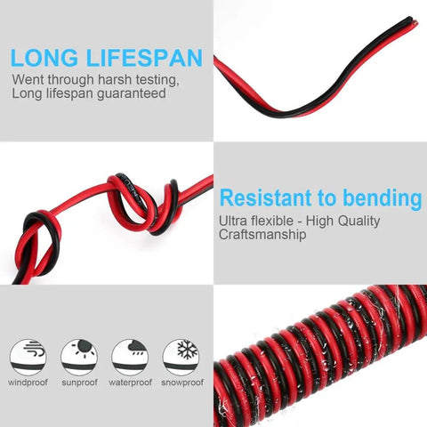 Red And Black 16 AWG 2 Conductor LED Strip Wiring Cable 100 Foot Flexible Parallel Wire for 12V and 24V DC LED Ribbon