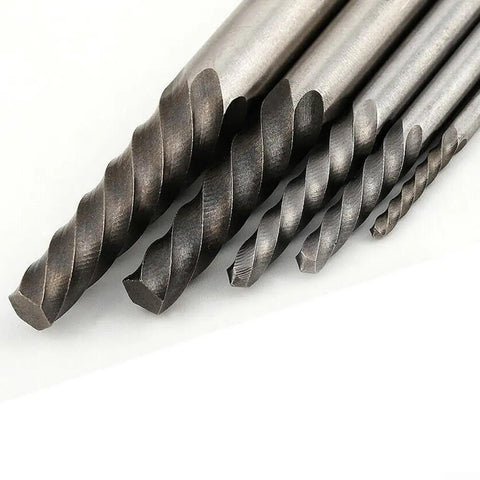 Close-up of 5 Piece Screw Extractor Set Easy Out For Removing Broken Bolts And Damaged Screws Includes Cobalt Drill Bits Heavy Duty Steel Construction