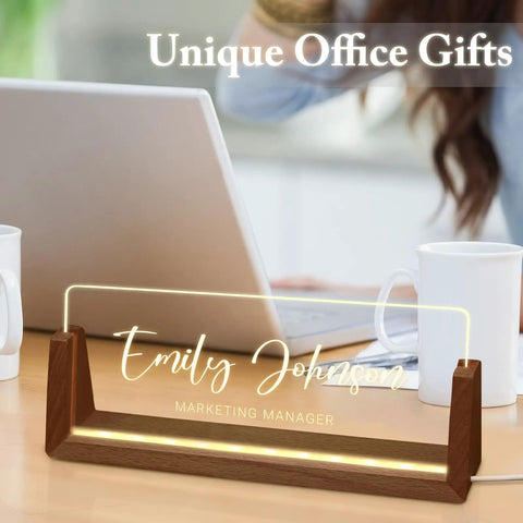 Personalized Acrylic Desk Name Plate With Light Up Base on desk, reads 'Emily Johnson Marketing Manager', unique desk sign.