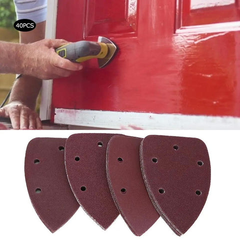 Premium 40-Piece Triangle Sandpaper Set Made From Molten Zirconium Corundum For Fast Metal And Wood Polishing Cutting With High Performance Smooth Finish In 140 By 90 Mm Size, shown being used on a red door.