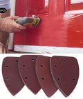 Premium 40-Piece Triangle Sandpaper Set Made From Molten Zirconium Corundum For Fast Metal And Wood Polishing Cutting With High Performance Smooth Finish In 140 By 90 Mm Size, showing angled sandpaper sheets and sanding action on a red door.