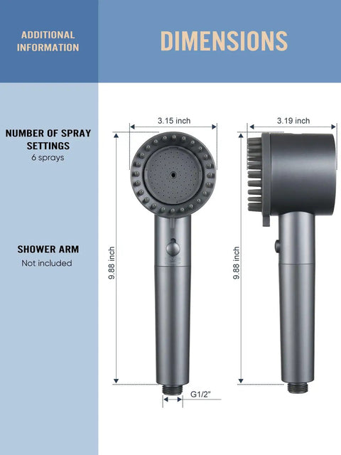 Dimensions of matte gray filtered shower head with handheld, highlighting built in filter for hard water and four in one spray modes.
