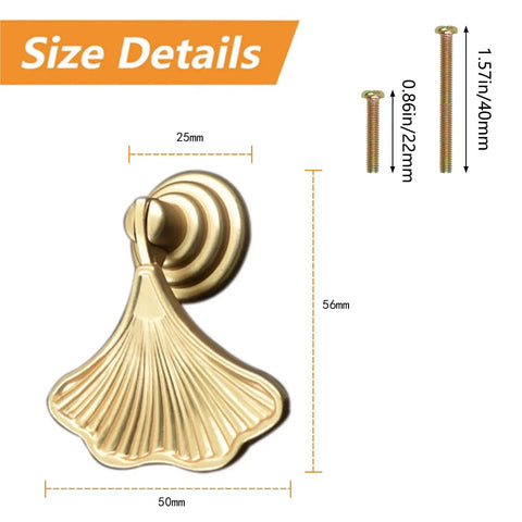 Six Piece Golden Ginkgo Leaf Cabinet Knobs, Smooth Drop Pendant Pull Handle Hardware For Drawers And Wardrobes dimensions with size details