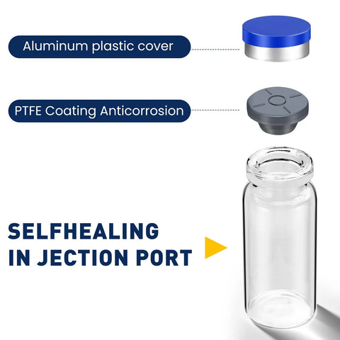 10ml glass sterile vial with self-healing injection port and sealing cap; blue aluminum-plastic cover