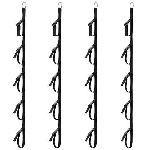 Hella Sturdy Four Pack Cord Organizer Straps Featuring Slick Adjustable Five Loop Buckles For Super Tight Cable Management And Nifty Vertical Rope Hose Holder Setup. Black polypropylene straps with adjustable loops.
