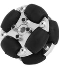 Double aluminium omni wheel with metal hubs and six black rollers for robot platforms.