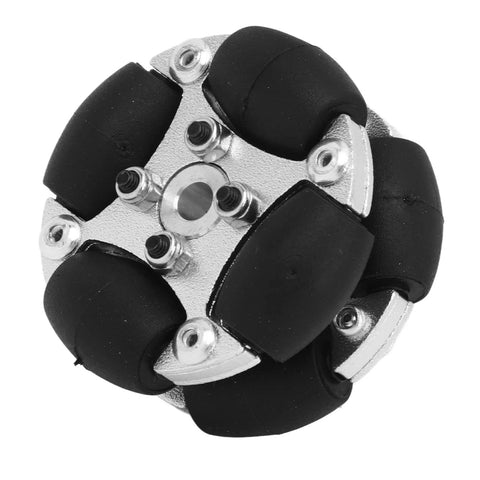Double aluminium omni wheel with metal hubs and six black rollers for robot platforms.