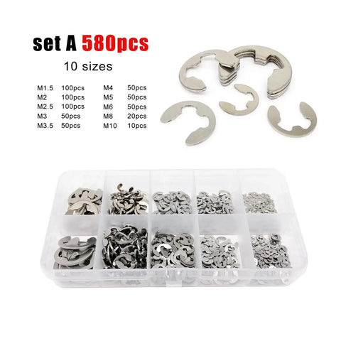 580-Piece External Retaining Ring Kit Set M1.2 To M15 In 304 Stainless Steel E Clip Snap Circlips for shafts in plastic box