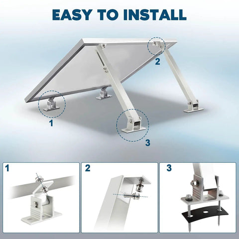 Diagram showing Adjustable Solar Panel Mounting Brackets Kit For 14 To 27 Inch Panels Aluminum Alloy Tilt Brackets installation.