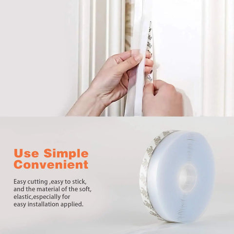 26 Feet Silicone Door Seal Strip being applied to door, showing easy peel and stick installation, transparent adhesive seal near roll.