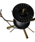 Folding Wire Spool Rack for Floor or Stud Mounting holding black cable spool, portable cable organizer for workshop use