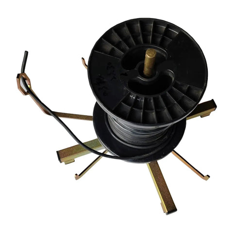 Folding Wire Spool Rack for Floor or Stud Mounting holding black cable spool, portable cable organizer for workshop use