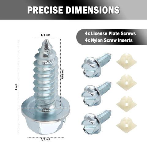 Heavy Duty License Plate Screws Set With Nylon Inserts For Front And Rear Bolts Anti Rust 4 Pack with screw dimensions