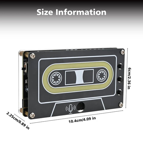 10 Minute Sound Recorder Soldering Kit With LED Lights showing size dimensions on cassette styled board