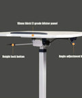 Top Shelf Rolling Laptop Desk With Smooth Moving Casters And Fully Adjustable Height That Tilts Zero To Ninety Degrees, showing buttons for height lock and angle adjustment.