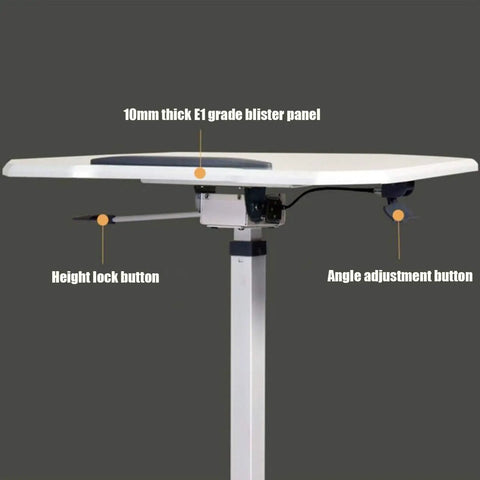 Top Shelf Rolling Laptop Desk With Smooth Moving Casters And Fully Adjustable Height That Tilts Zero To Ninety Degrees, showing buttons for height lock and angle adjustment.