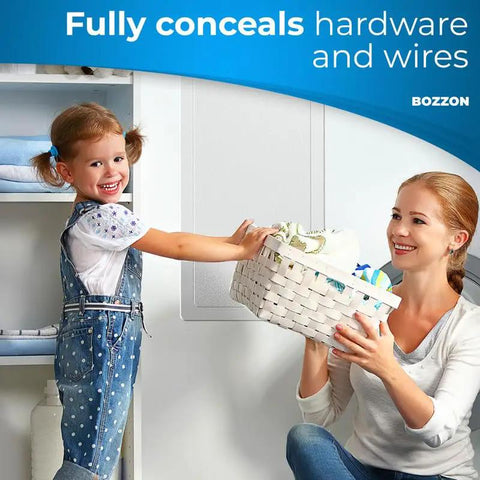 Top Notch Drywall Access Panel With Insulated Wall Hole Cover Heavy Duty Plastic Repair Patch For Plumbing Electrical Conduits Pure White shown in use with children.