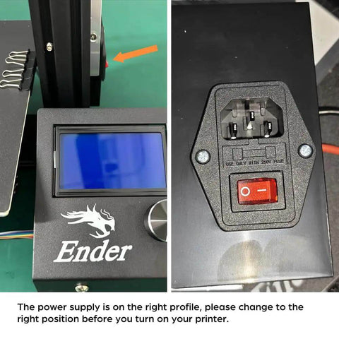 Ender 3 3D Printer control panel and power switch, showing setup instructions, ideal starter for DIY makers with resume printing function.
