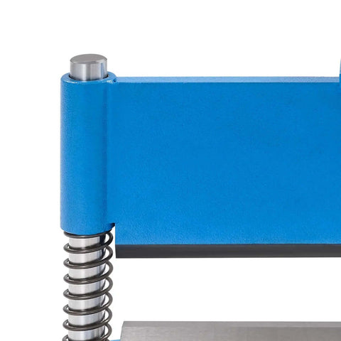 Close-up of Beefy 12 to 20 Ton Hydraulic Shop Press Brake Attachment, blue metal part, for steel and aluminum bending
