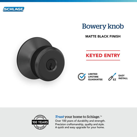 Bowery Matte Black Door Knob with Keyed Entry Lock Easy Install Self Aligning Screws Reversible Front Door Handle