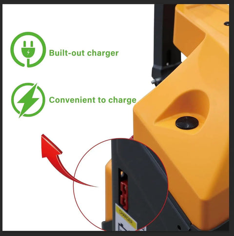 Built-out charger detail on 4400 Lbs Heavy Duty Electric Pallet Jack With Extended 6-8 Hour Runtime For All Day Warehouse Work.