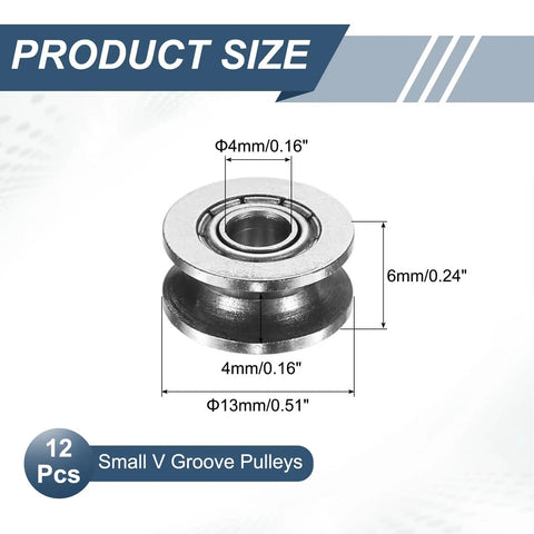 12 Pcs Small V Groove Pulleys 4x13x6mm Miniature Carbon Steel Ball Bearing Pulleys Replacement For Rail Track Linear Motion System Sweet For CNC Machines And DIY Projects