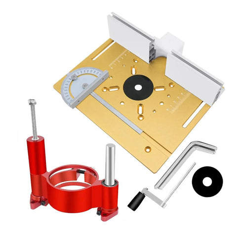 Precision Router Lift System With Aluminum Insert Plate And Wood Routing Base For Workbenches parts including aluminum plate and red housing.