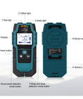 Heavy Duty Wall Scanner detecting wood studs, live cables, and metal, featuring LCD display and buttons for mode selection.