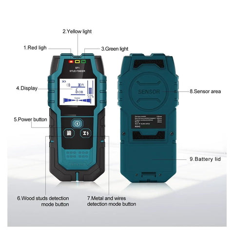 Heavy Duty Wall Scanner detecting wood studs, live cables, and metal, featuring LCD display and buttons for mode selection.
