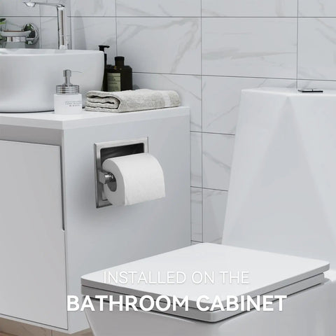 Recessed Toilet Paper Holder Built For Mega Rolls, 100 Percent 304 Stainless Steel With Brushed Nickel Finish, installed on cabinet